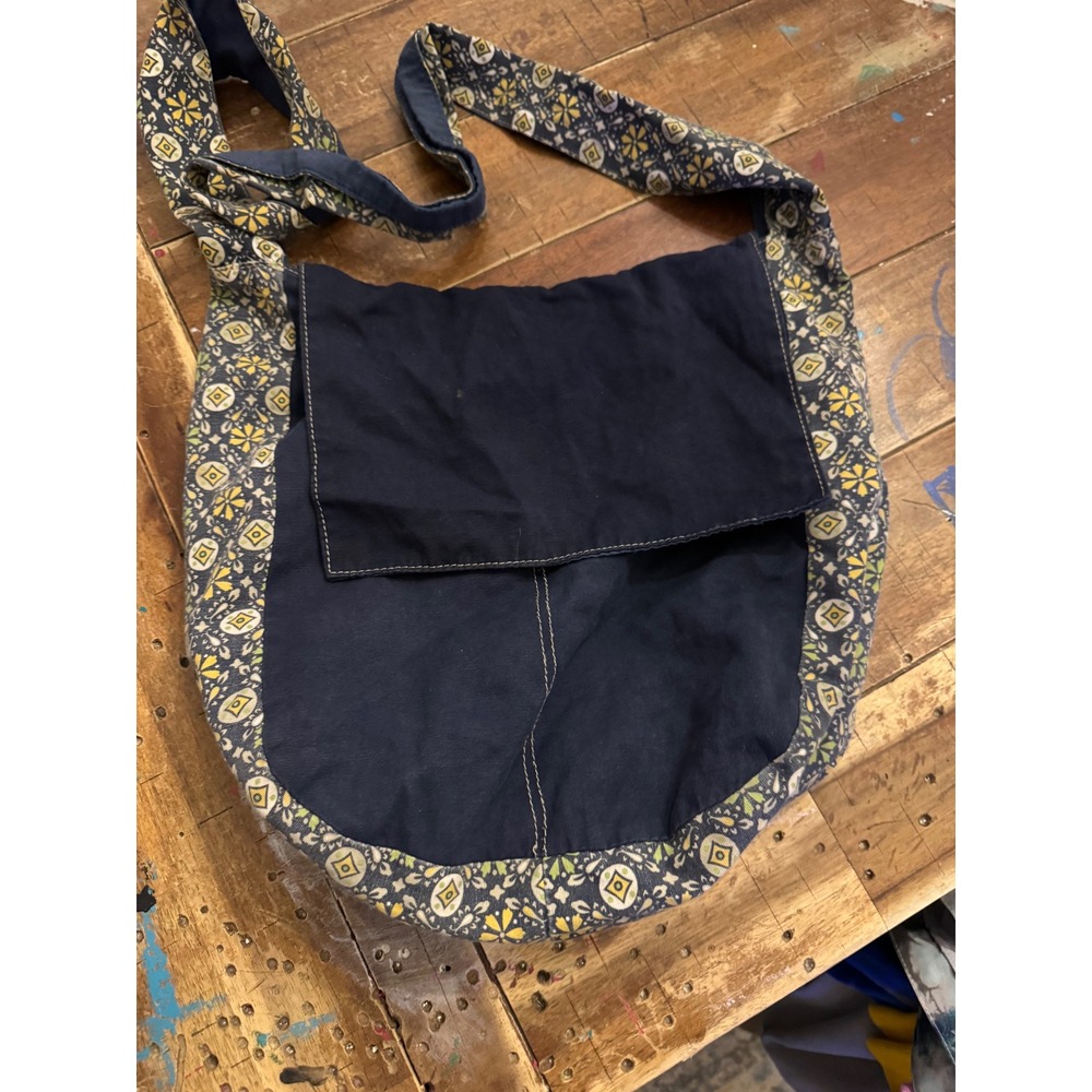 Handmade Boho Navy Blue Canvas Crossbody Bag Geometric Floral Trim Slouchy Hobo